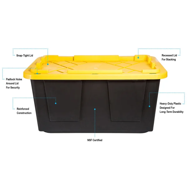 Tote features diagram — snap-tight lid, recessed for stacking, heavy-duty construction